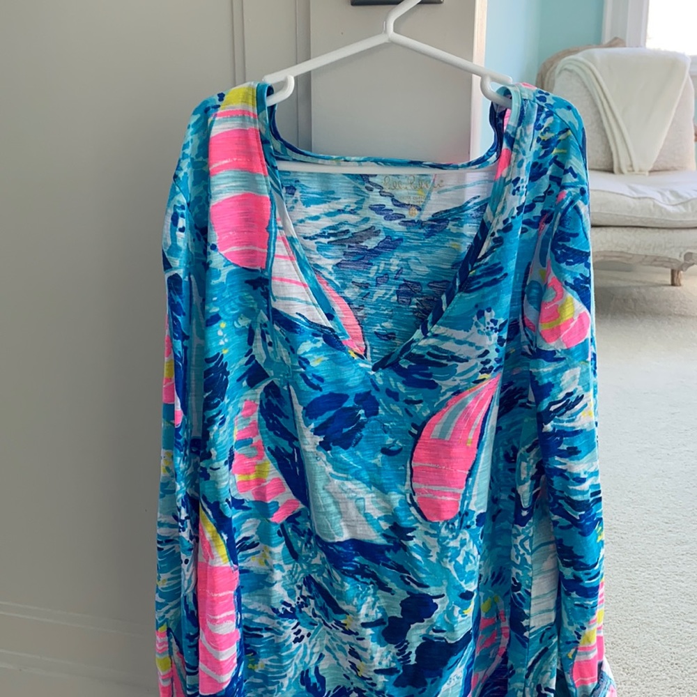 Lilly Pulitzer Sailboat Print Cotton Long Sleeve with 3/4 button option.